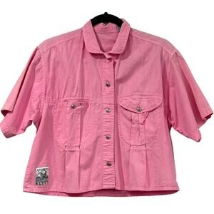 Vintage 90s Andrews Blues Pink Utility Shirt Cotton Womens L Short Sleeve Cargo